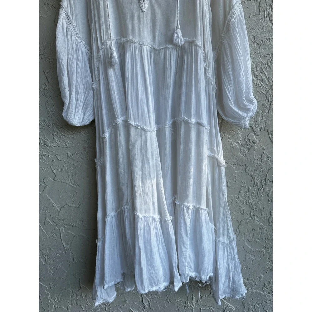 Free People White Tiered Midi Peasant Dress Boho Cottage Prairie Tassels Small